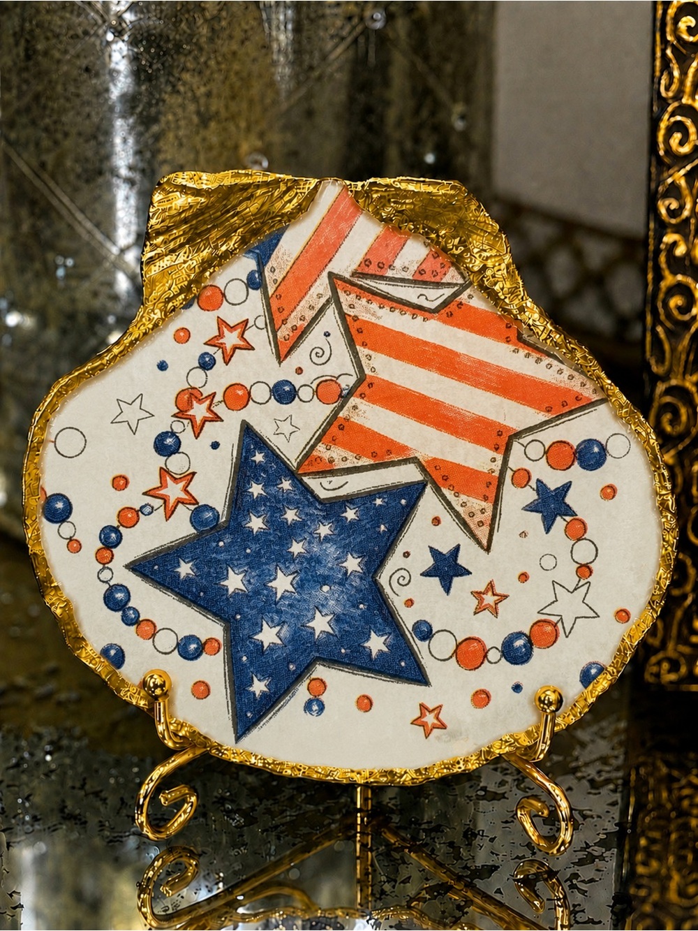Hand Crafted Patriotic Stars Trinket Shell Dish Red Blue 4.5”